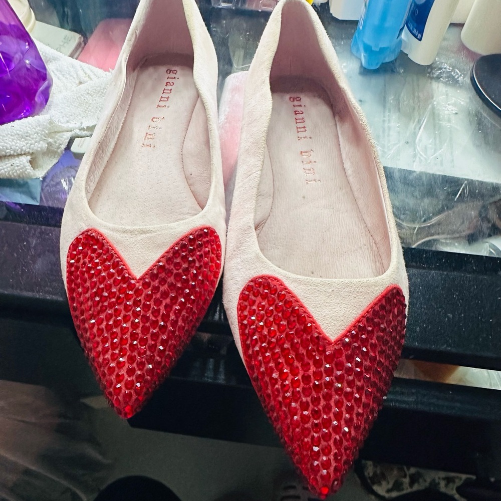 Gianni Bini Rhinestone Heart Scalloped Suede Ballet Flats